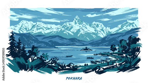Stylized blue illustration of a serene mountain lake with snow-capped peaks, boats, and an island temple, depicting the beautiful landscape of Pokhara.