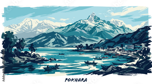 Illustrative view of Pokhara lake with boats and majestic snow-capped mountains in the background, showcasing a serene natural landscape.