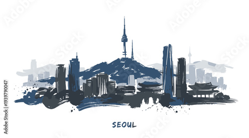 A stylized watercolor painting of the Seoul skyline, featuring Namsan Tower and traditional Korean architecture.