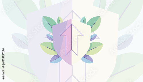 Stunning upward arrow symbol surrounded by vibrant leaves and shapes