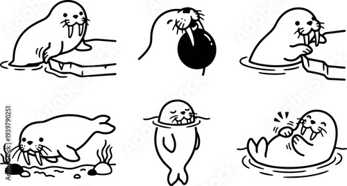 Whimsical kids doodle sheet of six playful walrus line art poses showing chewing, floating, climbing near ice ledge black strokes
