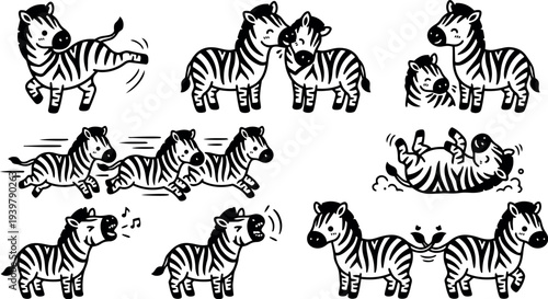 Whimsical kids doodle zebra character set showing playful poses running rolling nuzzling and kicking in black and white vector line art