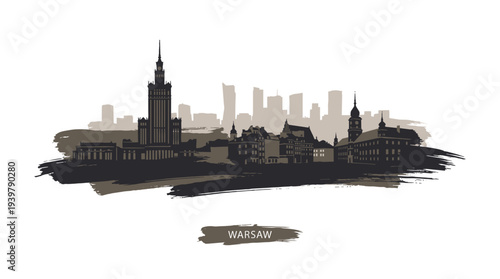 A silhouette of the Warsaw skyline featuring the Palace of Culture and Science and other prominent buildings.