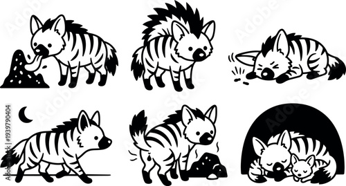 Line art vector set of six striped aardwolf characters showing eating sniffing sleeping walking and playful poses in simple black silhouette