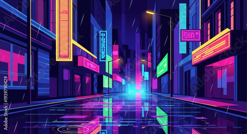 Futuristic Neon City Street with Vibrant Lights.