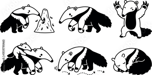 Line art anteater character set showing six playful poses including feeding at anthill carrying baby walking exploring sleeping cute