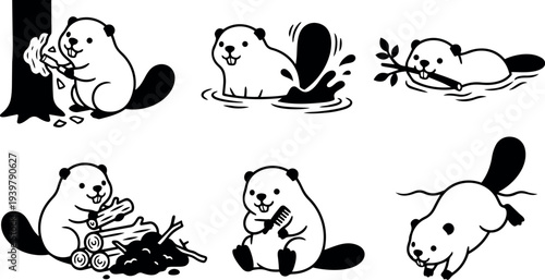 Flat line art beaver character set showing six playful smiling poses gnawing tree, swimming, carrying branch, stacking logs, grooming, diving