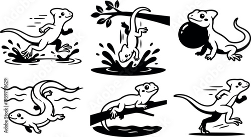 Tattoo flash playful newt character set showing running diving swimming carrying orb perched on branch in bold black line art