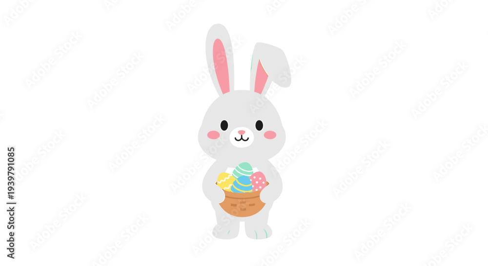 Fototapeta premium Cartoon rabbit proudly holds a bright Easter basket brimming with colorful eggs, centered in a clean white backdrop, festive illustration viewed frontal