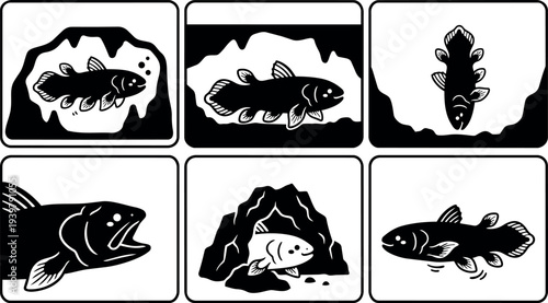 Silhouette vector fish icon set showing cave dwelling fish in multiple poses side view top view black and white illustration