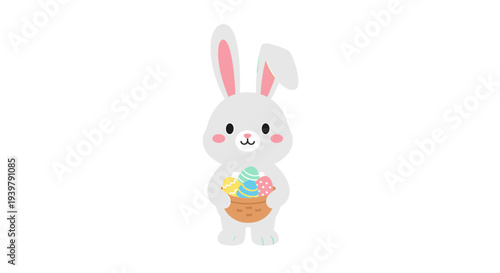 Cartoon rabbit proudly holds a bright Easter basket brimming with colorful eggs, centered in a clean white backdrop, festive illustration viewed frontal