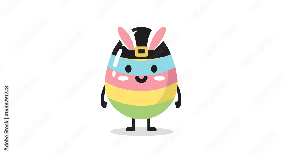 Fototapeta premium Easter Egg Character Struts in a Black Top Hat, Bunny Ears, Smiling, Against White Background – Colorful Cartoon Egg Centered in Portrait View