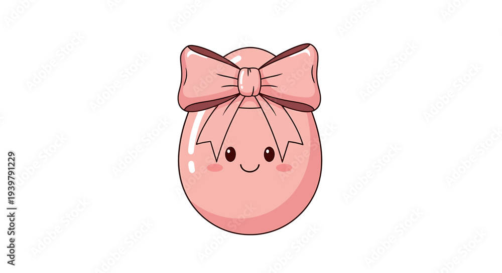Fototapeta premium Celebrating Easter with a charming pink egg icon, smiling face and elegant bow, centered on a plain white background, perfect for festive graphics
