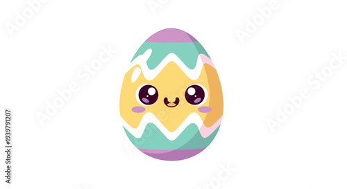 Cheerful Easter egg cartoon with expressive colorful stripes, smiling face, and playful eyes showcased against a pristine plain backdrop illustration