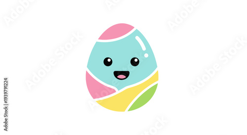 Easter egg smiles amid a white backdrop, featuring bright pink, yellow, green, and blue colorful hues on plastic shell in style for digital use.