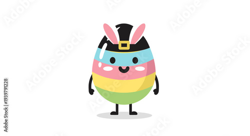 Easter Egg Character Struts in a Black Top Hat, Bunny Ears, Smiling, Against White Background – Colorful Cartoon Egg Centered in Portrait View
