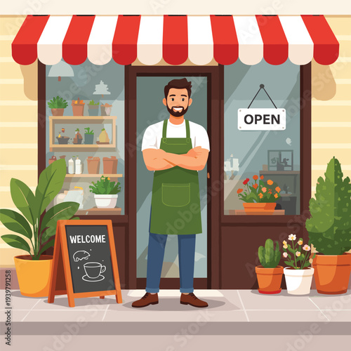 Welcoming store owner standing at the shop entrance