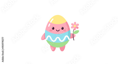 Smiling cheerful pink Easter egg character waving with a pink flower, wearing a yellow hat and blue-green outfit, in a white background illustration