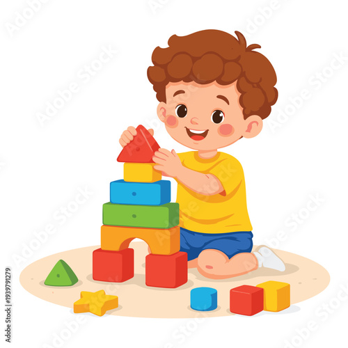 Child playing with colorful building blocks