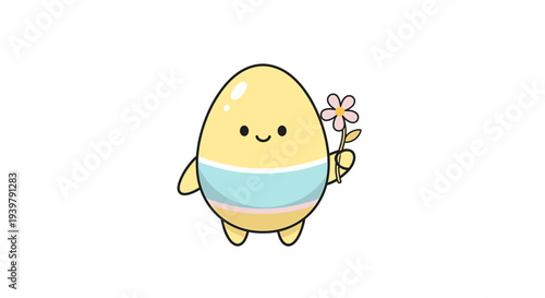 Easter egg waves cheerfully in a bright cartoon scene, holding a pink flower while wearing a light blue mask, centered on a white backdrop, front view