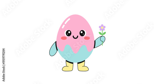 Easter egg character joyfully holds a purple spring flower in a bright cartoon setting, centered on a plain white background, viewed front-facing.
