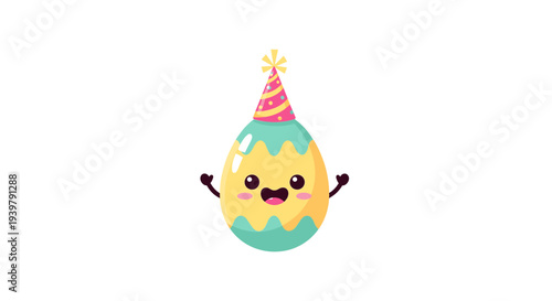 yellow egg with green zigzag patterns, smiling face and arms, wears a red‑white striped party hat, centered on white backdrop