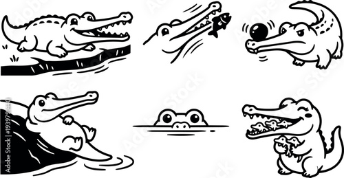 Cartoon line art crocodile character set showing playful poses biting fish juggling ball lounging and peeking in water, bold stroke