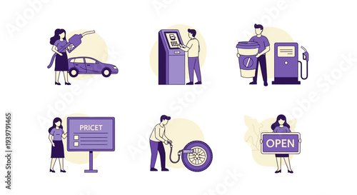 Flat style icons illustrating gas station services like fueling payment and opening