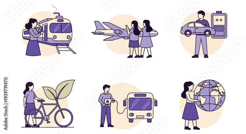 Six circular icons depicting modes of transport and environmental interaction