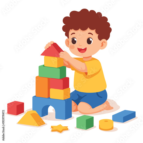 Joyful boy stacking colorful blocks at playtime