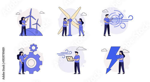 Six flat design icons illustrating wind energy concepts with people