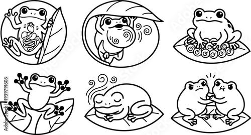 Line art vector set showing six playful frog designs on lily pads in expressive poses including sleeping fighting waving clinging