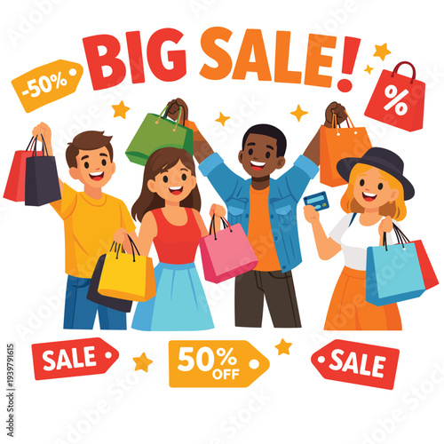 Group of friends enjoying a big sale shopping event