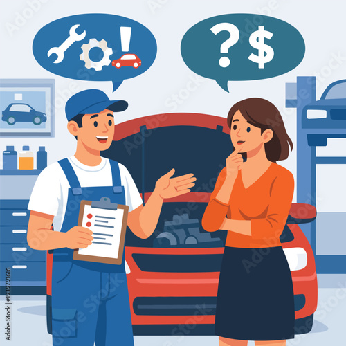 Mechanic explaining car issues to a concerned customer