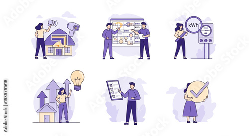 Six icons depicting energy management security checking usage and positive results