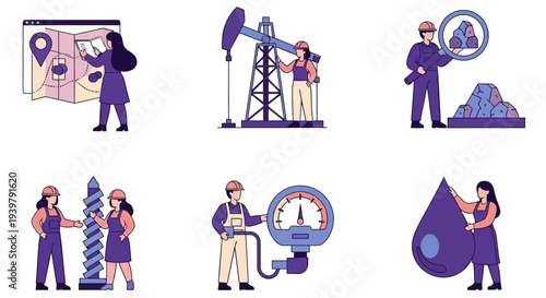 Six icons depict female and male workers in resource extraction and industry roles
