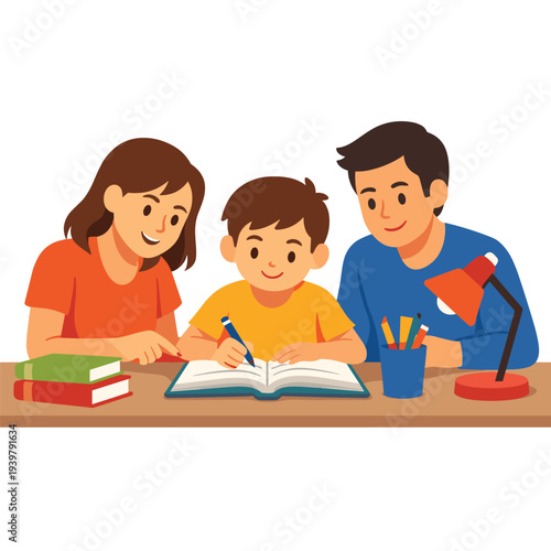 Family helping a child with homework at the table