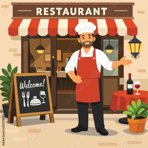 Chef welcoming guests outside a restaurant