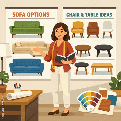 Interior designer showcasing furniture options to clients
