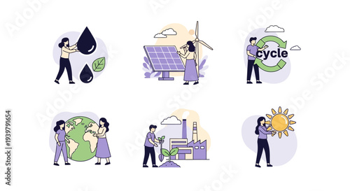 Six icons depicting environmental conservation renewable energy and pollution control