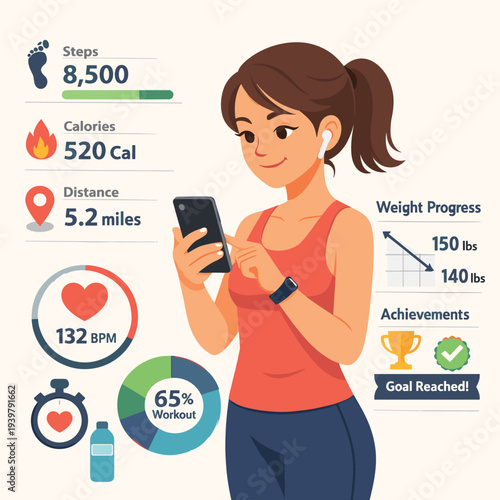 Fitness tracking illustration with smartphone and stats