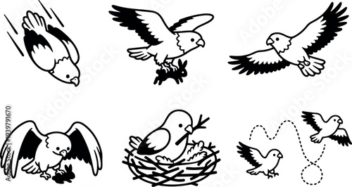 Line art vector set showing raptor swooping with rabbit prey and small songbird nesting scenes in bold black outline icons