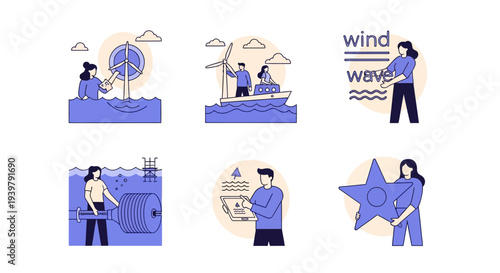Six icons depicting people interacting with marine renewable energy concepts