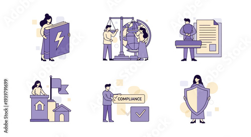 Six icons illustrating concepts of law regulation and protection with purple and beige figures