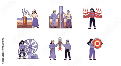 Six illustrations depicting geothermal energy concepts personnel and measurement