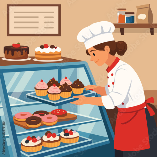 Female baker placing cupcakes in bakery display