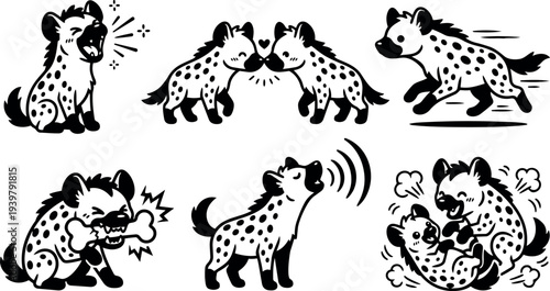 Cartoon vector sticker sheet of six playful spotted hyena characters showing laughing nuzzling running biting howling wrestling in bold black line art set