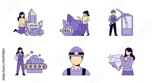 Six illustrations depicting mining minerals Latium Cobalt and a diamond