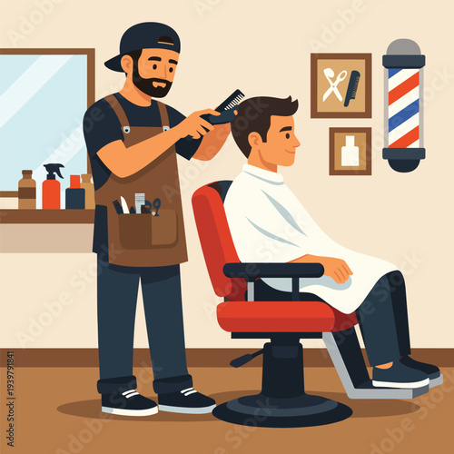 Barber styling hair in modern barbershop
