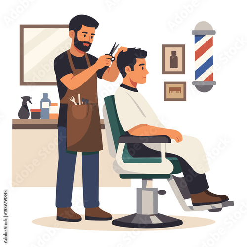 Barber cutting hair in stylish barbershop